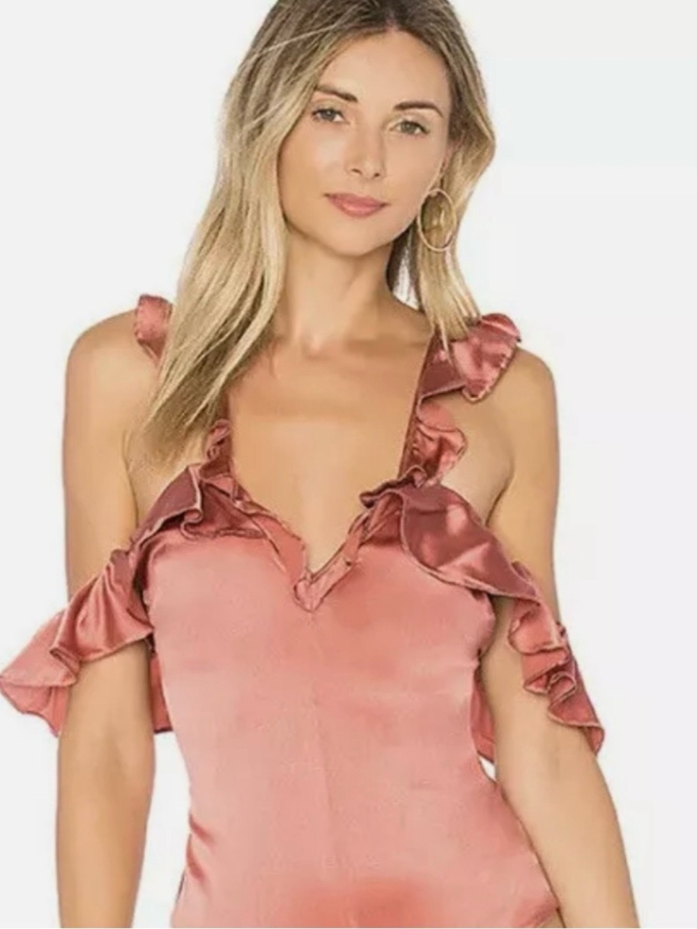 Satin Ruffle Cold-Shoulder Bodysuit in Dusty Rose - Picture 2 of 10
